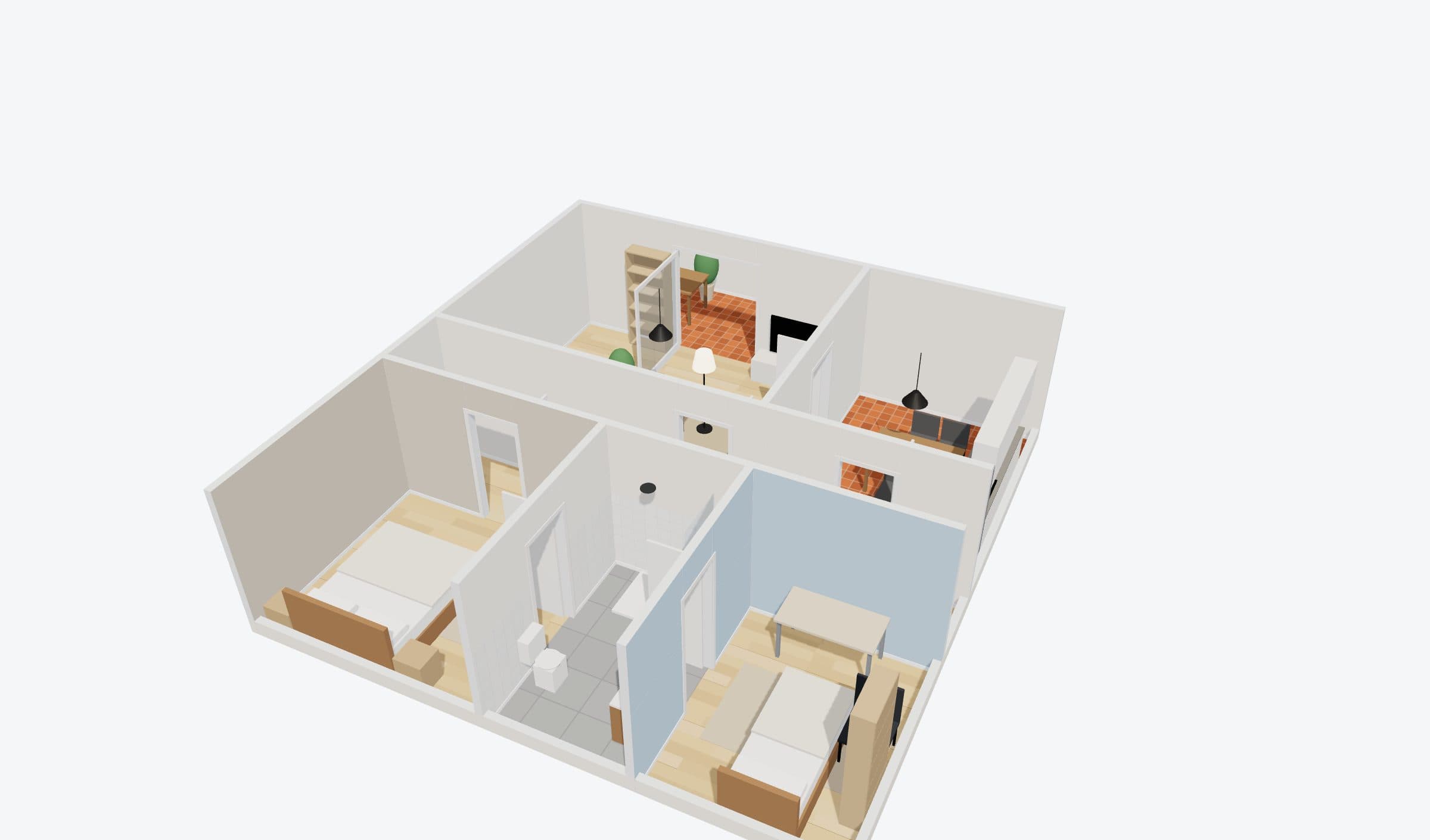 3D cutaway of a furnished two-bedroom apartment