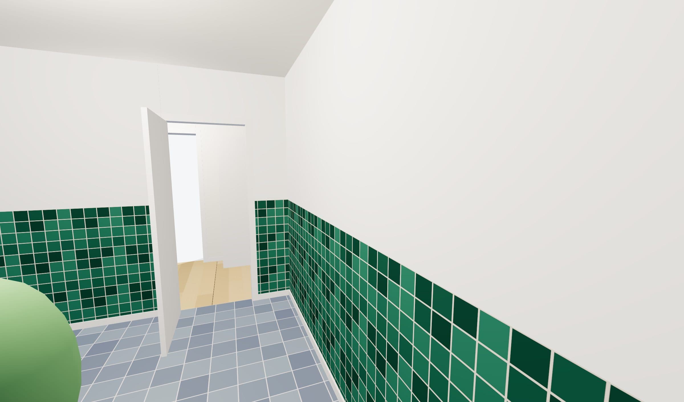 Eye-level view inside a tiled bathroom